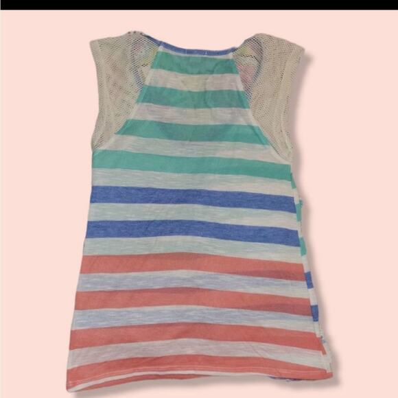 𝅺Scoop neck, stripe graphic tee, fishnet shoulder sleeves, sheer all over - Picture 2 of 4